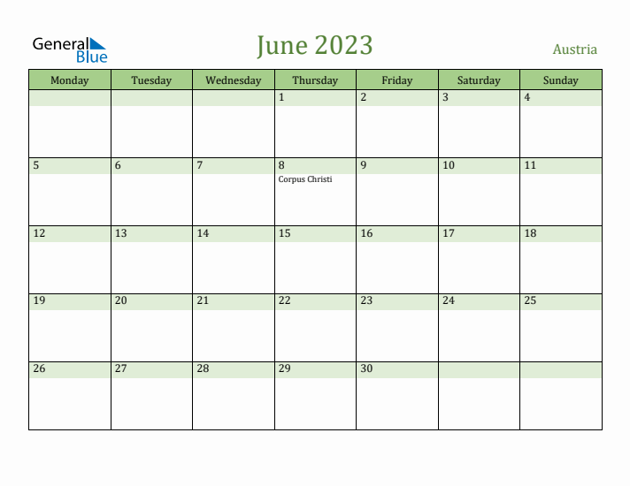 June 2023 Calendar with Austria Holidays