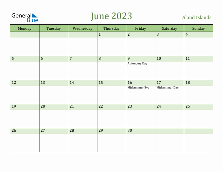 June 2023 Calendar with Aland Islands Holidays