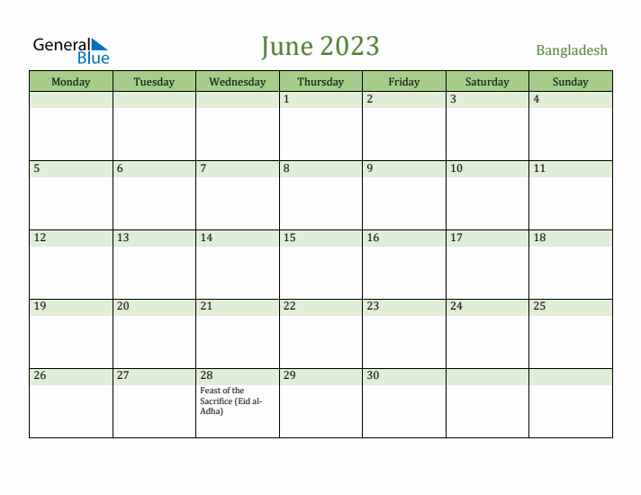 June 2023 Calendar with Bangladesh Holidays