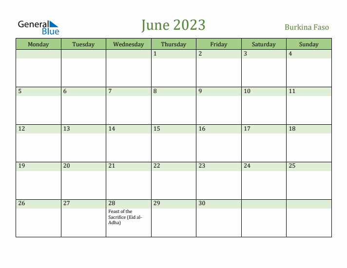 June 2023 Calendar with Burkina Faso Holidays