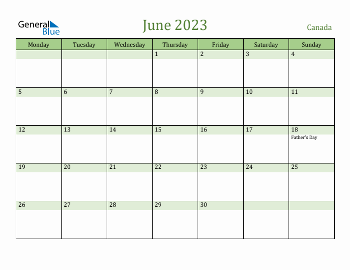 June 2023 Calendar with Canada Holidays