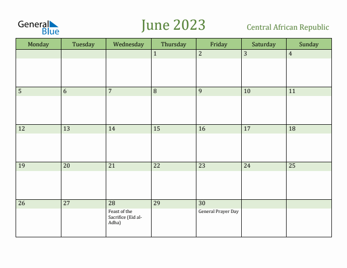 June 2023 Calendar with Central African Republic Holidays