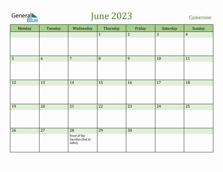 June 2023 Calendar with Cameroon Holidays