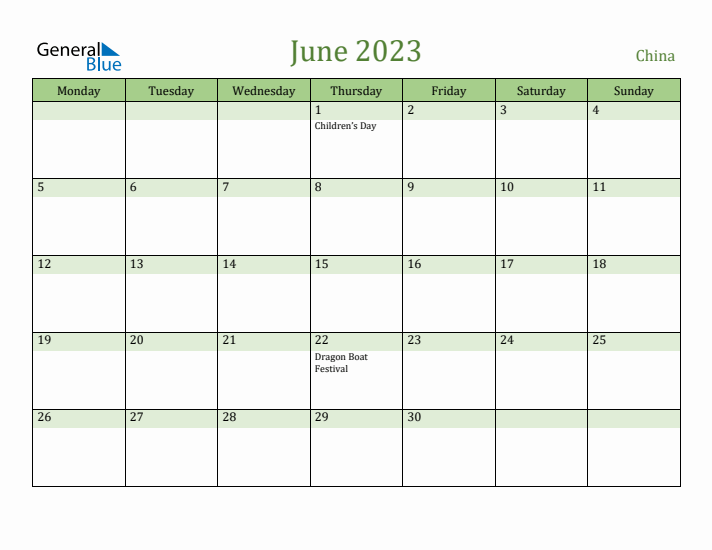 June 2023 Calendar with China Holidays