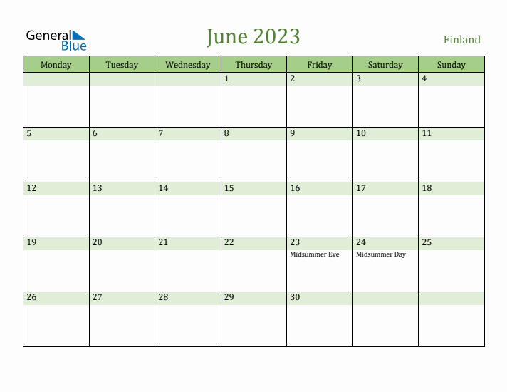 June 2023 Calendar with Finland Holidays