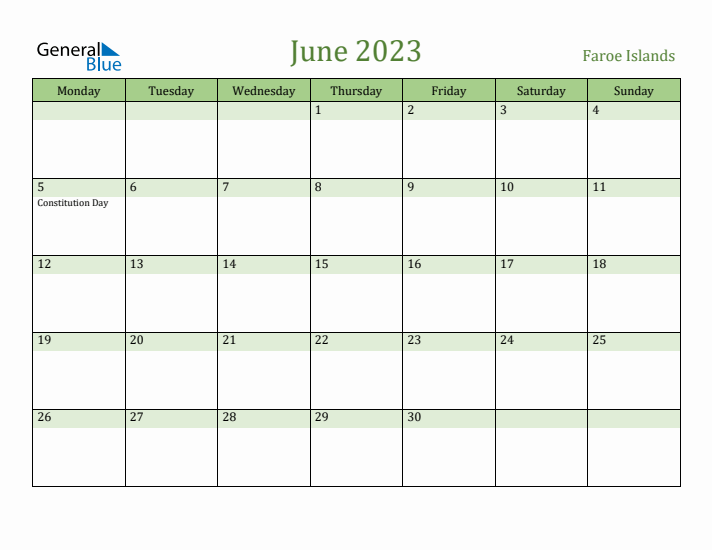 June 2023 Calendar with Faroe Islands Holidays