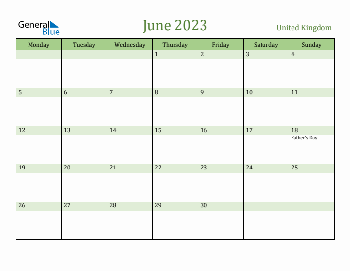June 2023 Calendar with United Kingdom Holidays
