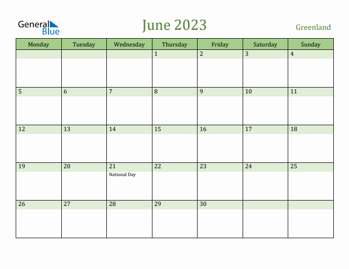 June 2023 Calendar with Greenland Holidays