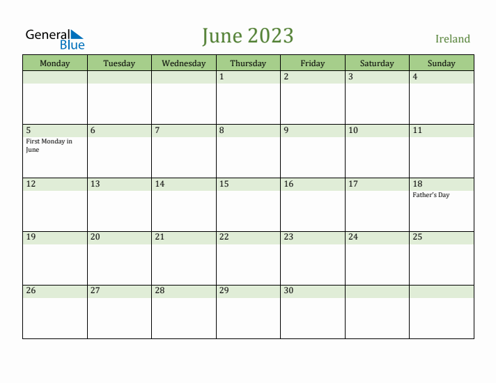 June 2023 Calendar with Ireland Holidays