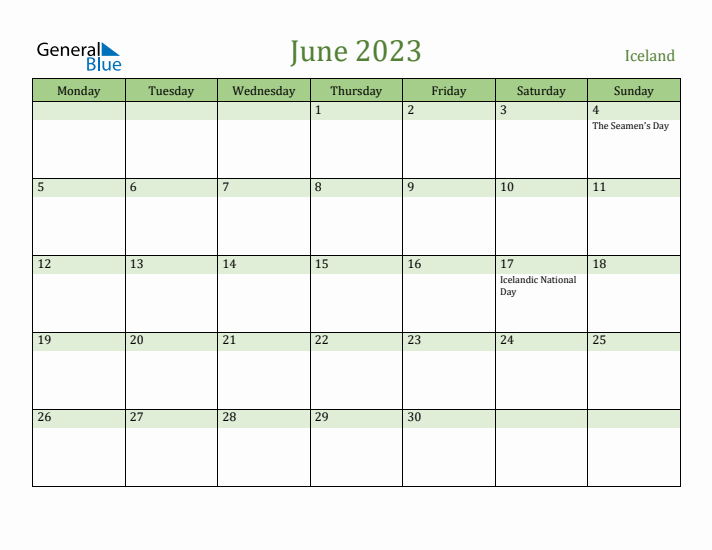 June 2023 Calendar with Iceland Holidays
