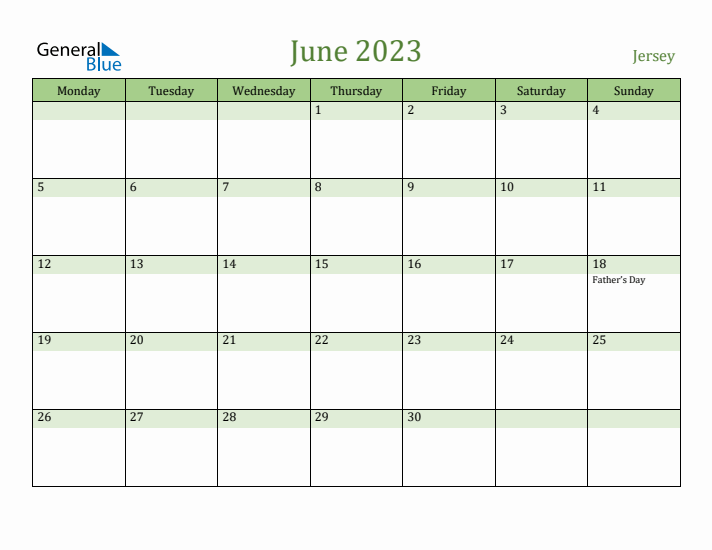 June 2023 Calendar with Jersey Holidays