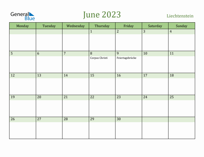 June 2023 Calendar with Liechtenstein Holidays