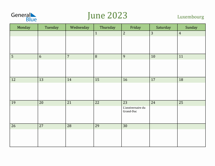 June 2023 Calendar with Luxembourg Holidays