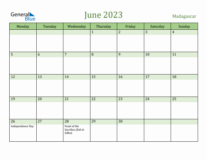 June 2023 Calendar with Madagascar Holidays