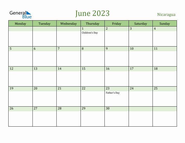 June 2023 Calendar with Nicaragua Holidays