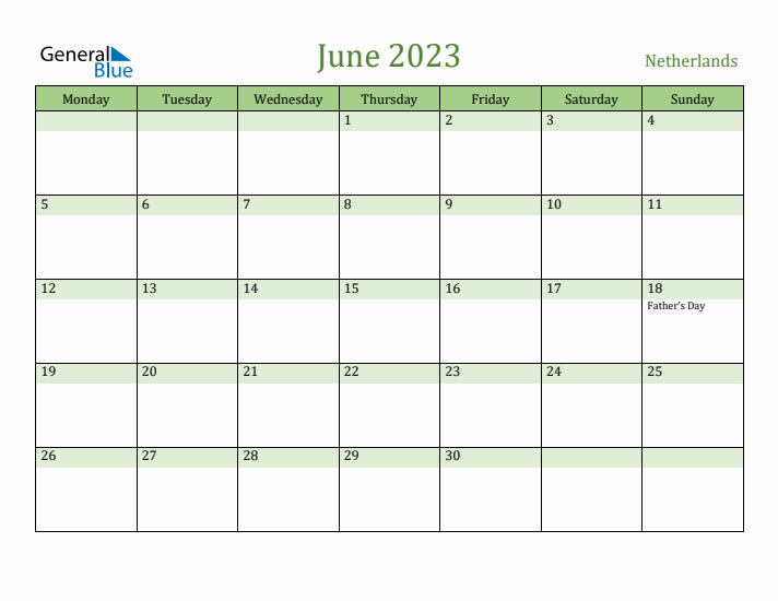 June 2023 Calendar with The Netherlands Holidays