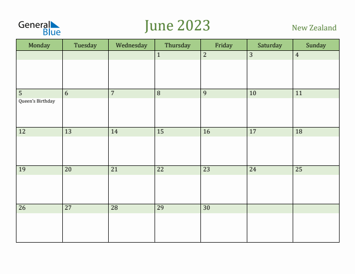 June 2023 Calendar with New Zealand Holidays