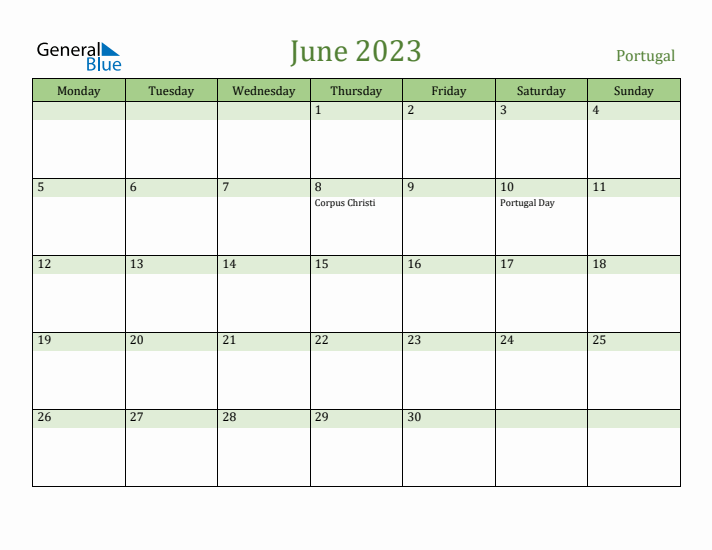 June 2023 Calendar with Portugal Holidays