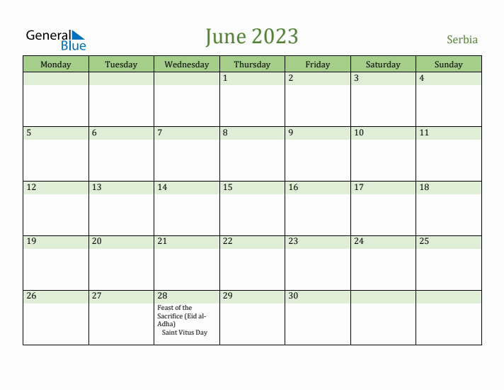 June 2023 Calendar with Serbia Holidays