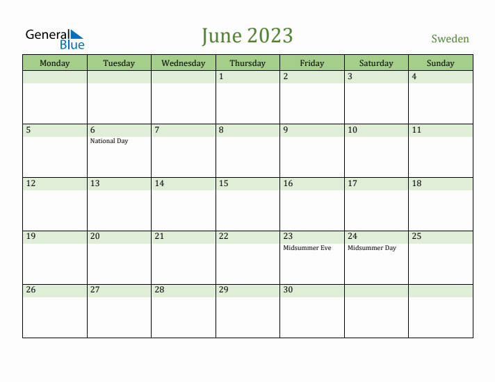 June 2023 Calendar with Sweden Holidays