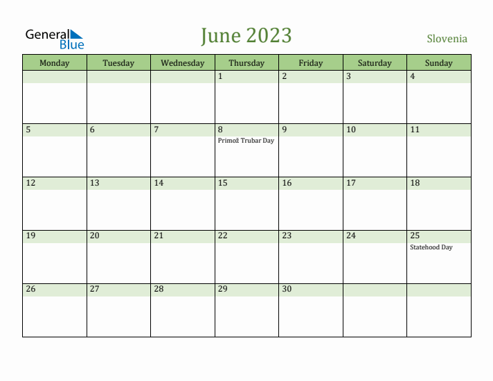 June 2023 Calendar with Slovenia Holidays