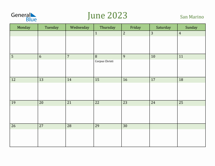 June 2023 Calendar with San Marino Holidays