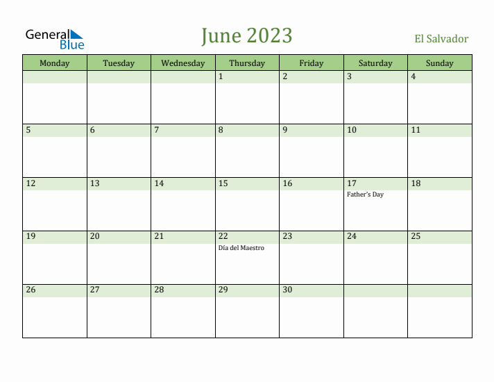 June 2023 Calendar with El Salvador Holidays
