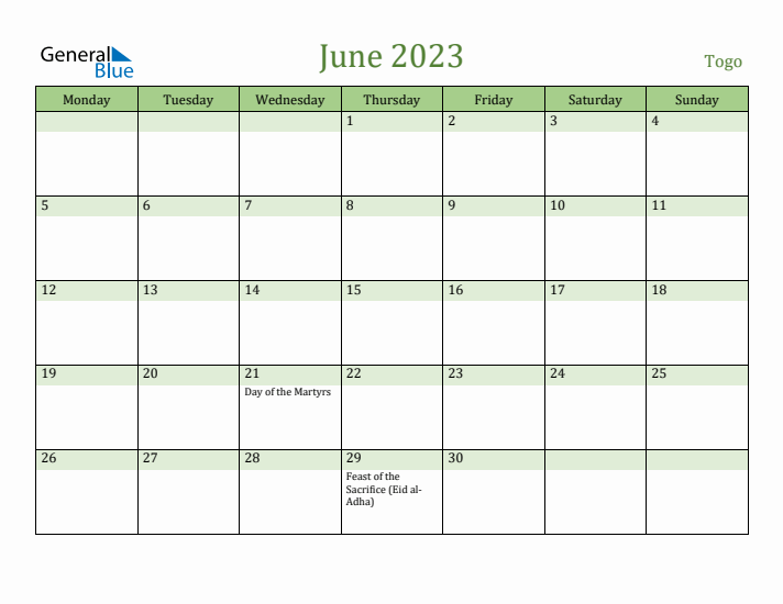 June 2023 Calendar with Togo Holidays