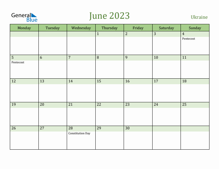June 2023 Calendar with Ukraine Holidays