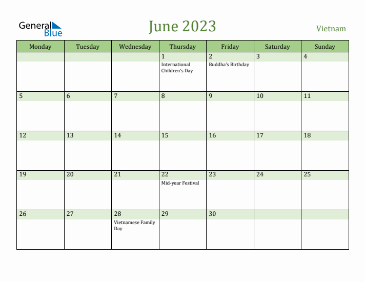 June 2023 Calendar with Vietnam Holidays