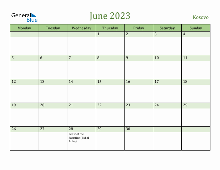 June 2023 Calendar with Kosovo Holidays