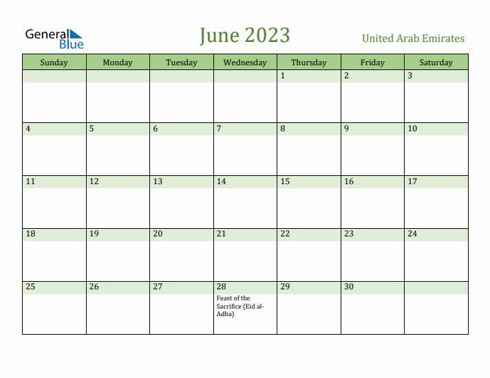 June 2023 Calendar with United Arab Emirates Holidays