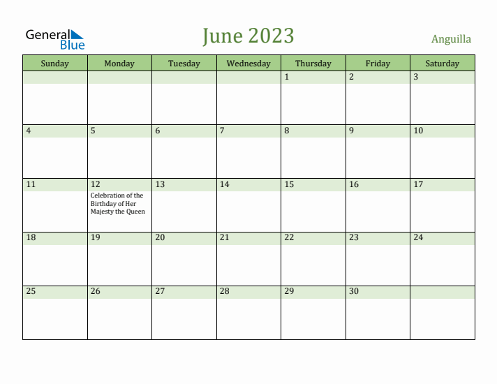 June 2023 Calendar with Anguilla Holidays