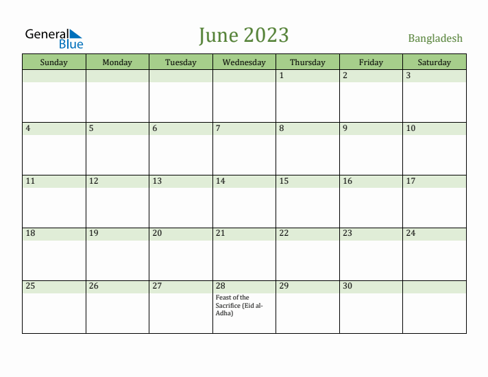 June 2023 Calendar with Bangladesh Holidays