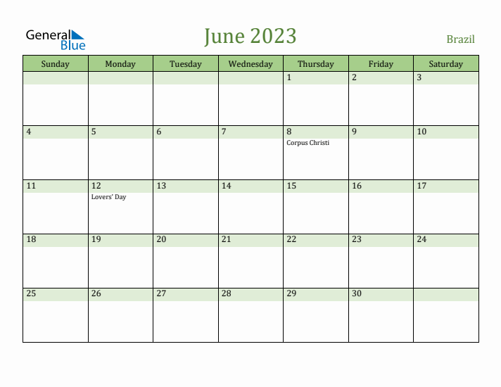 June 2023 Calendar with Brazil Holidays