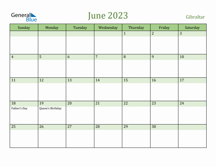 June 2023 Calendar with Gibraltar Holidays