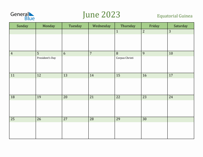 June 2023 Calendar with Equatorial Guinea Holidays