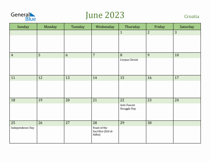 June 2023 Calendar with Croatia Holidays