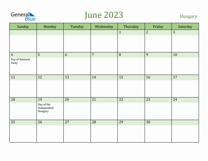 June 2023 Calendar with Hungary Holidays