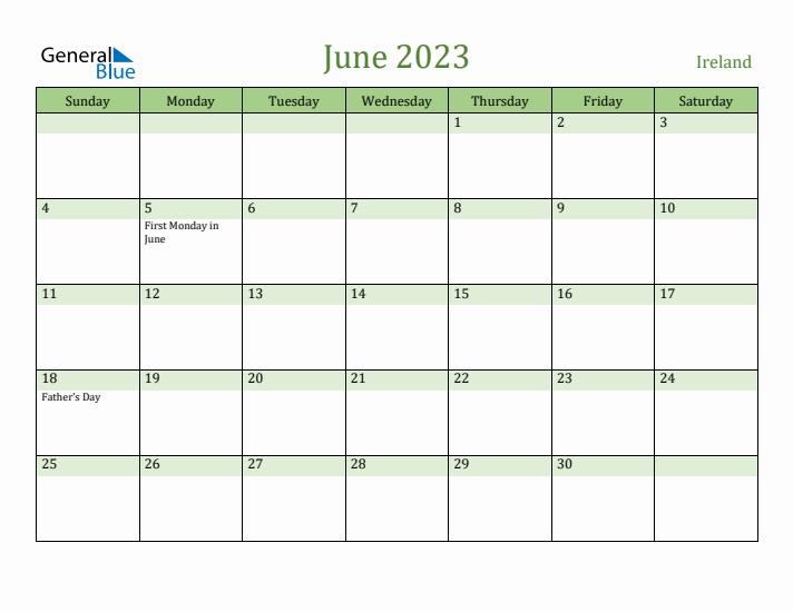 June 2023 Calendar with Ireland Holidays