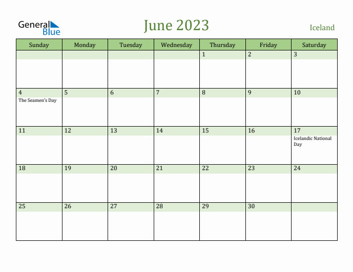 June 2023 Calendar with Iceland Holidays