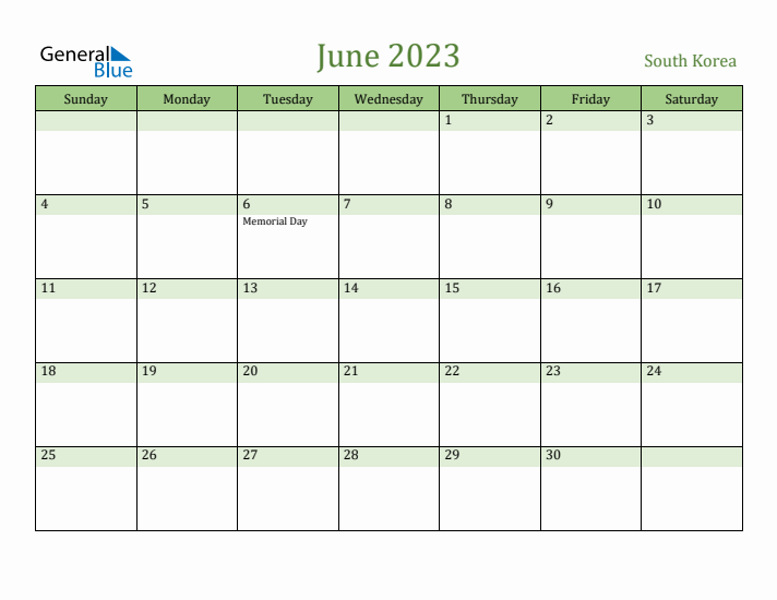 June 2023 Calendar with South Korea Holidays