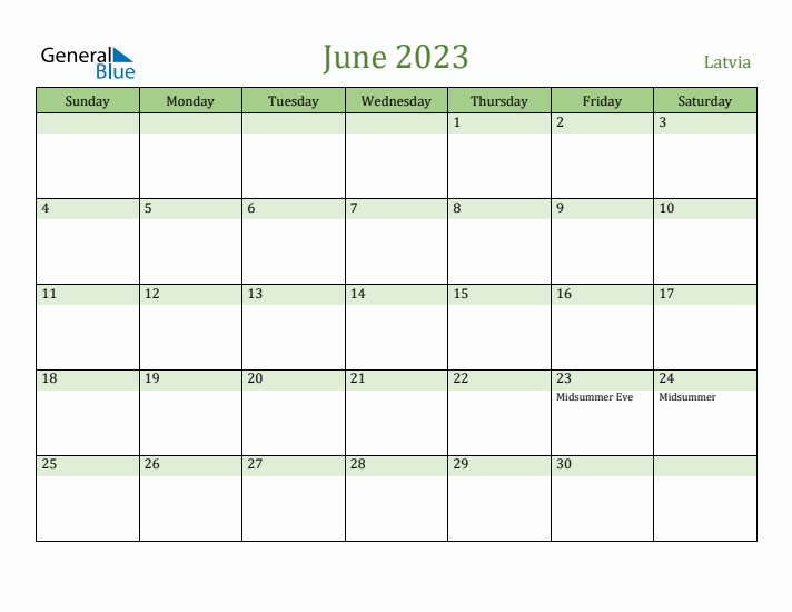 June 2023 Calendar with Latvia Holidays