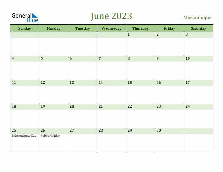 June 2023 Calendar with Mozambique Holidays