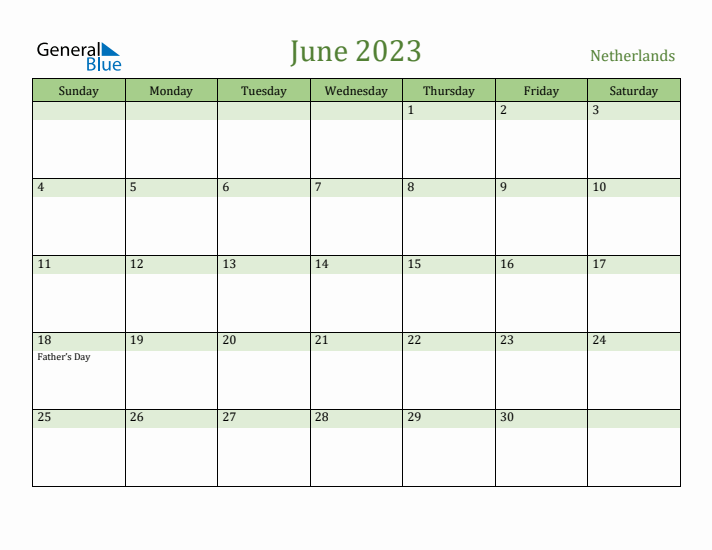 June 2023 Calendar with The Netherlands Holidays