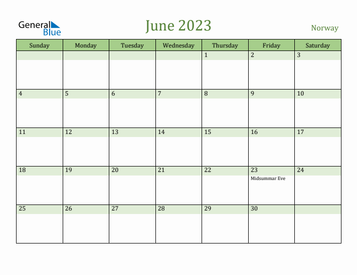 June 2023 Calendar with Norway Holidays