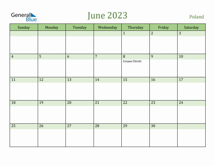 June 2023 Calendar with Poland Holidays
