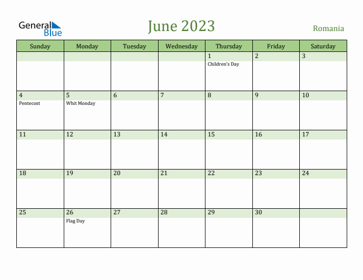 June 2023 Calendar with Romania Holidays