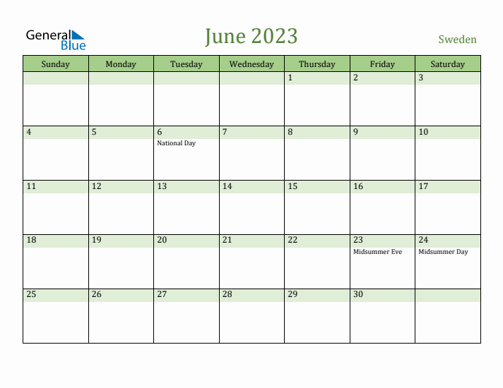 June 2023 Calendar with Sweden Holidays