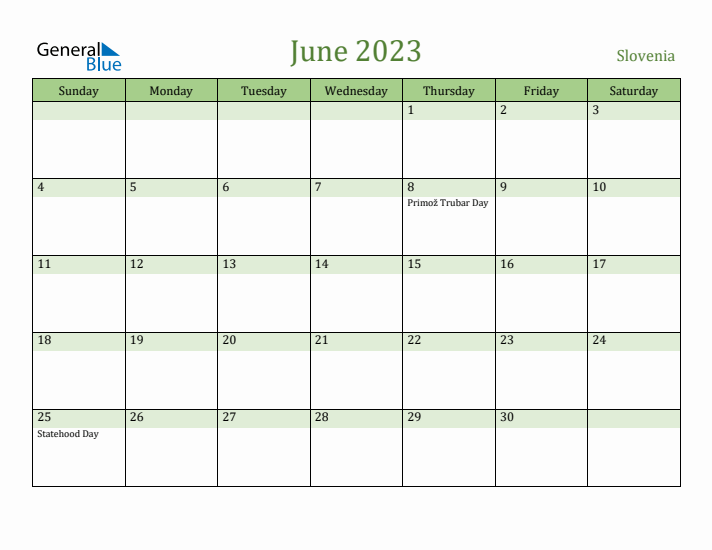 June 2023 Calendar with Slovenia Holidays